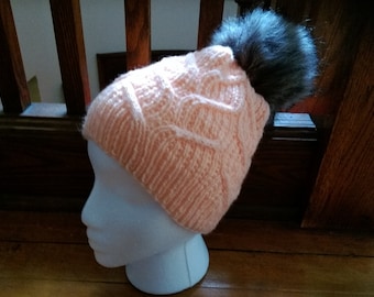 Hand Knit Peach PomPom Textured Hat