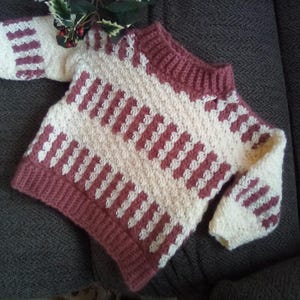 2T Pullover Sweater, Hand Crocheted Acrylic Yarn, Cream Clay Striped