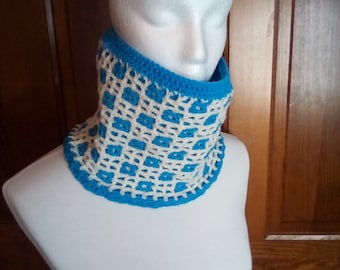 Crocheted Reversible Blue And White Cowl Scarf