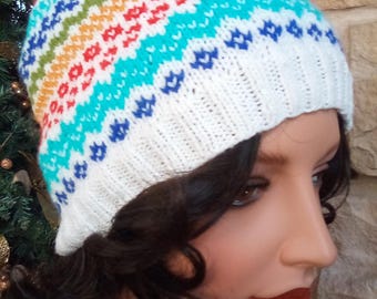 Hand Knit Multi Colored Fair isle Beanie Hat