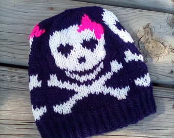 Hand Knit Toddler Girls Skull Hat With Bow