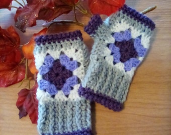 Hand Crocheted Granny Square Child's Size Fingerless Mitts