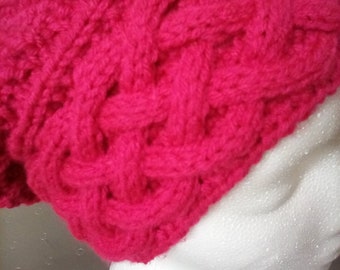 Sun Heat Activated Rose Colored Cabled Pom Pom Hand Knit Slouch Hat