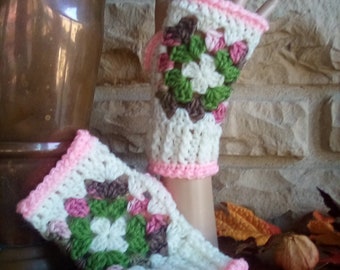 Hand Crocheted Granny Square fingerless Mitts Size S