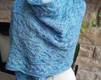 Hand Knit Cabled Blue Shawl/Wrap