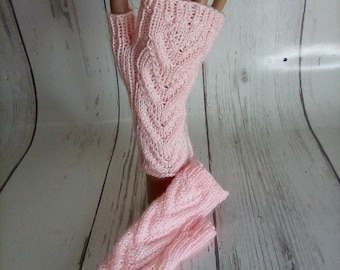 Hand Knit Fingerless Mittens Pink Cabled