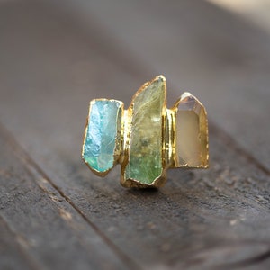 Crystal Ring, Raw Stone Ring, Stone Ring, Aura Quartz Ring, Gemstone Ring, Adjustable Ring, Gold Gemstone Ring, Quartz Ring,Multi Stone Ring