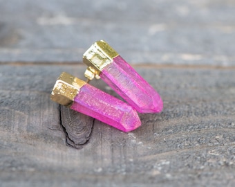 Raw Crystal Earrings,Quartz Earrings,Aura Quartz,Aura Quartz Spike Earrings,Quartz Spike Earrings,Rainbow Crystal Earrings, Stone Earrings