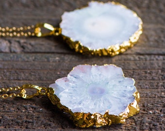 Solar Quartz Necklace,White Stalactite Necklace,Stalactite Slice,Gold Edged Stalactite,Stone Necklace,Gift for her,OOAK,BOHO,Raw stone jewel