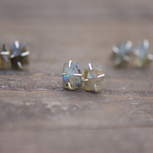 Pu&ograve; includere: Un paio di orecchini a lobo in argento con pietre preziose di labradorite iridescente. Gli orecchini sono incastonati in uno stile semplice e moderno.