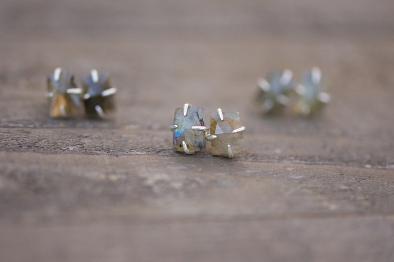 Pu&ograve; includere: Un paio di orecchini a lobo in argento con pietre preziose di labradorite iridescente. Gli orecchini sono incastonati in uno stile semplice e moderno.