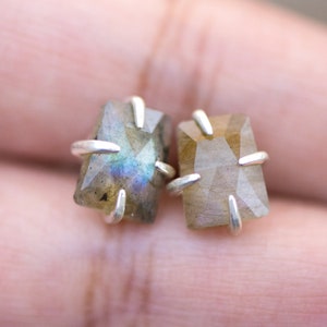 Pu&ograve; includere: Un paio di orecchini d'argento con pietre preziose di labradorite iridescente incastonate in una forma rettangolare. Le pietre hanno un bagliore unico e multicolore.