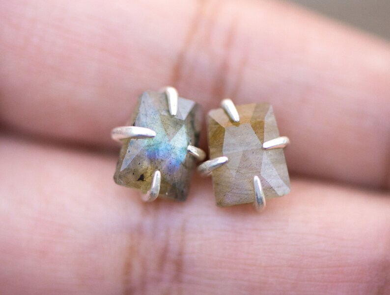 Pu&ograve; includere: Un paio di orecchini d'argento con pietre preziose di labradorite iridescente incastonate in una forma rettangolare. Le pietre hanno un bagliore unico e multicolore.