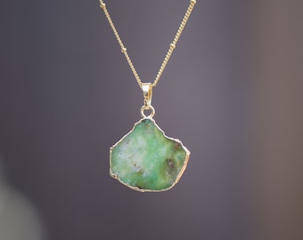 Raw Jade Necklace, Large Gemstone Pendant, Mint Green Chrysoprase Necklace, Gold Jade Necklace, Gemstone Slice Necklace,Green Stone Necklace