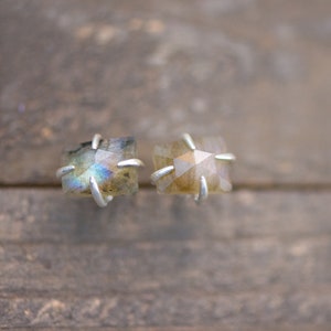 Pu&ograve; includere: Un paio di orecchini d'argento con pietre preziose di labradorite iridescente. Le pietre preziose sono di forma quadrata e hanno un taglio sfaccettato.