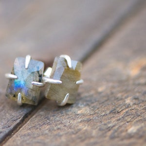 Pu&ograve; includere: Un paio di orecchini d'argento con pietre di labradorite iridescenti incastonate in un design geometrico semplice.