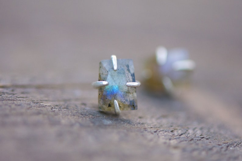 Pu&ograve; includere: Un paio di orecchini d'argento con pietre preziose di labradorite iridescente. Le pietre sono rettangolari e hanno un taglio sfaccettato. Gli orecchini sono incastonati in uno stile semplice e minimalista.