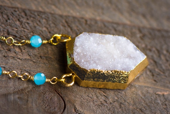 White Druzy Necklace,Druzy necklace,White Drusy necklace,Druzy Jewelry,Gemstone Necklace,Gold edged necklace,Raw crystal necklace,DRUZY