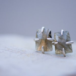 Pu&ograve; includere: Un paio di orecchini a lobo in argento con una pietra di labradorite di forma quadrata in ogni orecchino. Le pietre sono di colore grigio chiaro con sfumature dorate e nere.