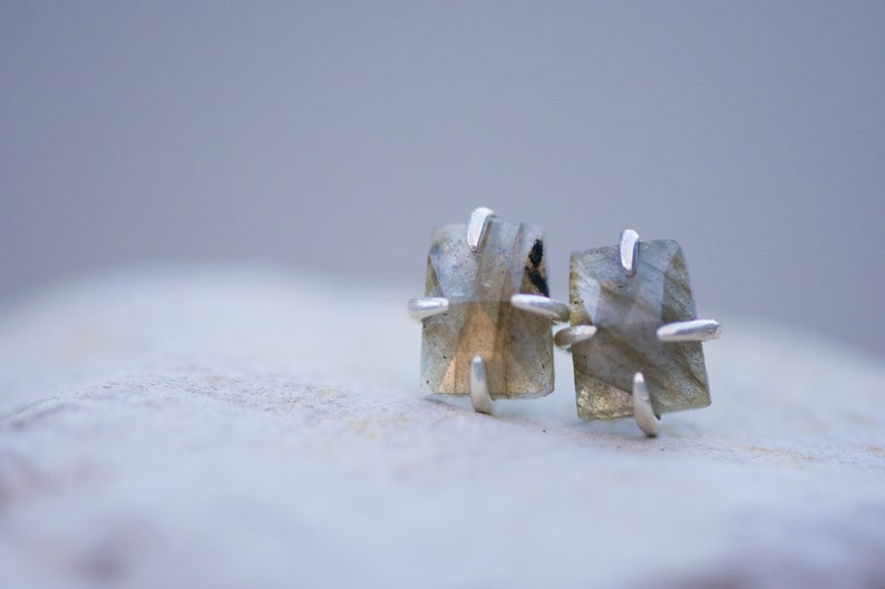 Pu&ograve; includere: Un paio di orecchini a lobo in argento con una pietra di labradorite di forma quadrata in ogni orecchino. Le pietre sono di colore grigio chiaro con sfumature dorate e nere.