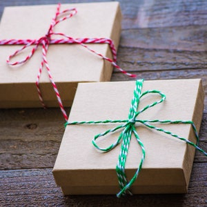 Pu&ograve; includere: Due scatole regalo avvolte in carta marrone con spago. Una scatola &egrave; legata con spago rosso e bianco, l'altra con spago verde e bianco.