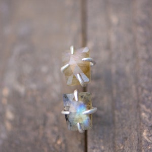 Pu&ograve; includere: Un paio di orecchini a lobo in argento con pietre preziose di labradorite iridescente. Le pietre sono incastonate in una montatura a griffe e hanno una forma rettangolare.