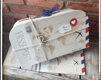 Bruiloftsset: urn en gastenboek, middelgrote koffer "Air Mail"
