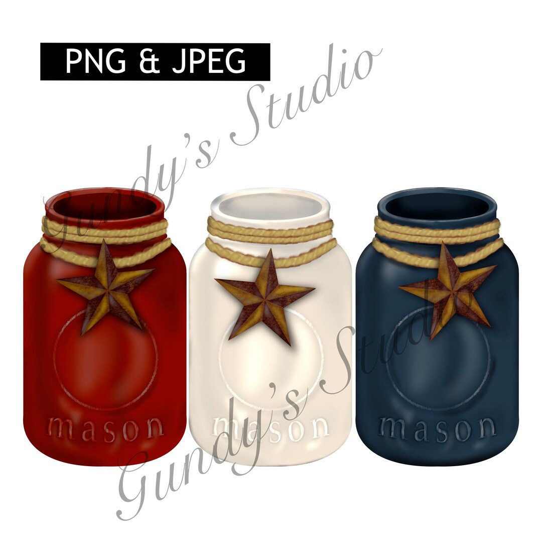 Digital Art, CLIPART JPEG/PNG: Mason Jars, Red White Blue, Primitive ...