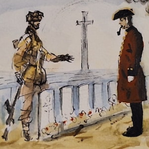 The ghost of an Arnhem era British paratrooper extends his hand unseen by his Chelsea pensioner chum, original pen and ink watercolour ww2