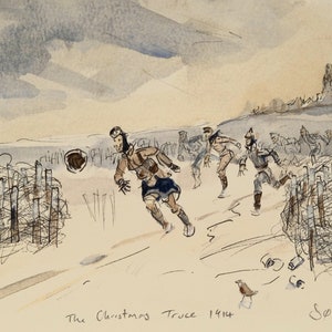 The ChristmasTruce football match Ypres 1914,  Scottish & German soldiers  playing football in No Man&#39;s Land, pen and ink watercolour ww1