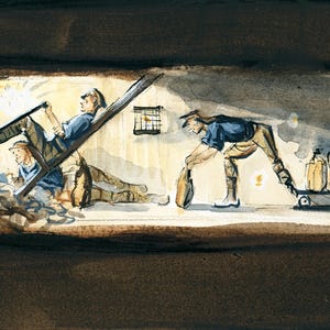May include: A watercolour painting depicting three figures in a dark, narrow space. Two figures are working with tools, while the third figure is pushing a trolley with several containers.