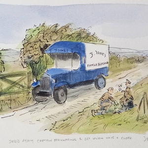 Dad&#39;s Army Captain Mainwaring & Sgt Wilson having a roadside cuppa Unique original illustration