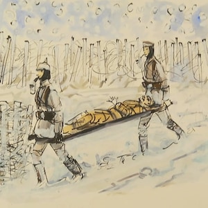Rozejm bożonarodzeniowy. Niemieccy noszowi zbierają zmarłych Brytyjczyków z ziemi niczyjej, Ypres 1914, akwarela piórem i tuszem, I wojna światowa
