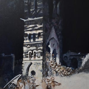 Puede incluir: Una pintura que representa a un grupo de soldados en un paisaje urbano oscuro y en ruinas. Los soldados están de pie frente a un edificio alto y en ruinas con una puerta arqueada. Un soldado tiene grandes alas blancas. La pintura está realizada en un estilo oscuro y sombrío.