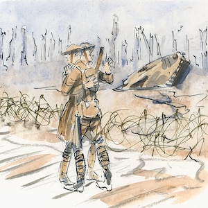 Two brothers meet on the Menin Road 1917, Ypres, wreck of a  MKIV tank & shattered tree stumps behind, original pen and ink watercolour ww1