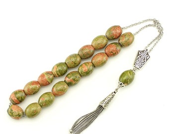 Natural Unakite gemstone, Greek komboloi with sterling silver decoration.