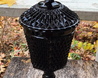 TIARA CAMEO BLACK Vase With Lid Pressed Glass Diamond Point Gothic Design Vintage Footed urn Circa 1970's Candy Dish