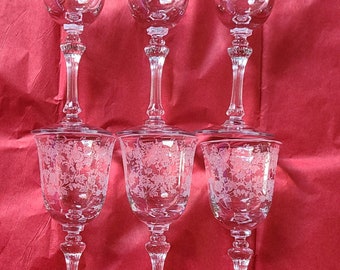 TIFFIN RAMBLING ROSE Crystal Claret Wine Stems Vintage Set of 6 Circa 1940-1970 Barware