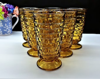INDIANA GLASS WHITEHALL Colony Cubist Vintage Amber Set of 6 Footed Stacked Cube Iced Tea / Water Glasses Circa 1970's Drinkware