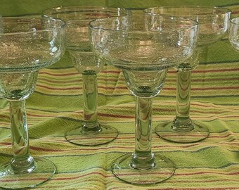 HAND BLOWN MARGARITA Glasses Set of 6 Light Green Glasses Bubbled Technique Seeded Texture Circa 1990's Barware