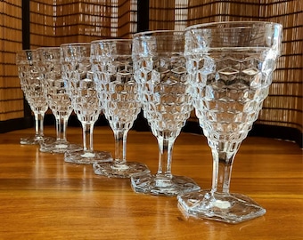 CRYSTAL FOSTORIA AMERICAN Vintage 6 Pc. Set Of Authentic Stacked Cube Early American Cubist Style Tall Stem Goblet Glasses Circa 1915-1982