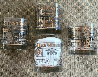 LAS VEGAS LOWBALLS Vintage Whiskey Set of 4 Old Fashioned Man Cave Souvenir Circa 1971-1988 Barware Distilleriana