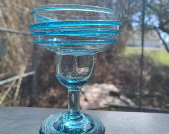CHAMPAGNE/ MARGARITA STEMS Vintage Set Of 4 Large heavy aqua with applied glass spiral hand blown Circa 1980' - 1990's