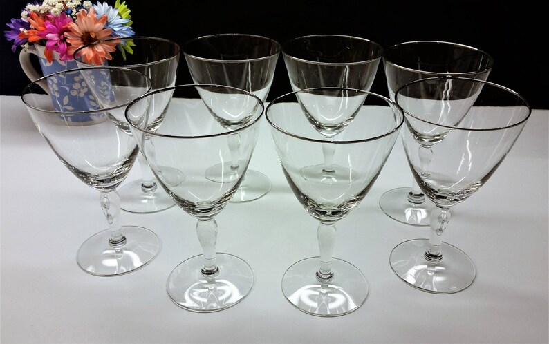 Crystal Wine Goblets Mid Century Platinum Silver Rimmed Image 0