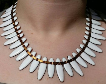 MATISSE RENOIR NEFERTITI Vintage White Enamel On Copper Necklace and Screw-Back Earrings Set Demi - Parure Circa 1950's Mid Century Jewelry