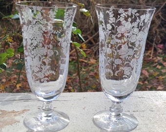 TIFFIN RAMBLING ROSE Crystal Etched Iced Tea Goblets Set of 2 Circa 1970S Drinkware