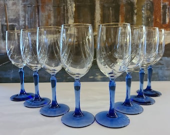 LENOX SWAG PATTERN Crystal Wine Stem Glasses goblets Vintage Set of 8 With Cobalt Blue Stem and Gold Rim Circa 1980's Barware