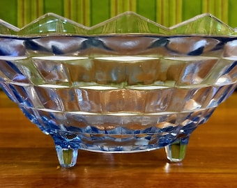 COLONY WHITEHALL CUBIST Indiana Glass Vintage Blue Stacked Cube Footed 3 Toed Serving / Fruit Bowl Circa 1970's - 1980's