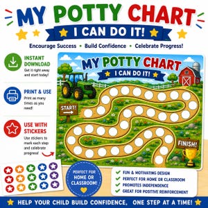 May include: A printable potty chart featuring a farm theme with a green tractor, a red barn, and a winding dirt path with empty white circles for stickers. The chart includes the text My Potty Chart I Can Do It, Start, and Finish, along with a gold trophy icon and a sheet of colorful star stickers.