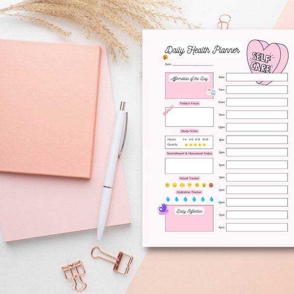 Pink and White Cute Self Care Daily Health Planner Stay Organized & Healthy self care, daily health tracking, self care routine